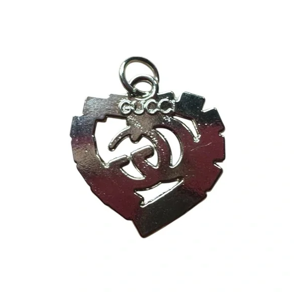 Gucci Silver Heart Zipper Pull Charm with Logo and Clear Stones